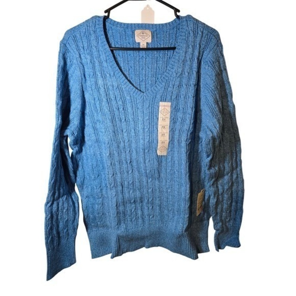 St Johns Bay Woman Classic Cable Knit V Neck Sweater‎ Blue Marl Soft Cotton 2X
